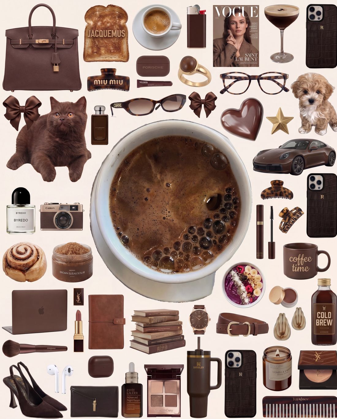 Коричневый flat-lay коллаж: кружка кофе в центре, вокруг — Birkin, Vogue, Miu Miu, шоколадка, сумка-щенок, кофейные ароматы, парфюм, сигаретные брызги