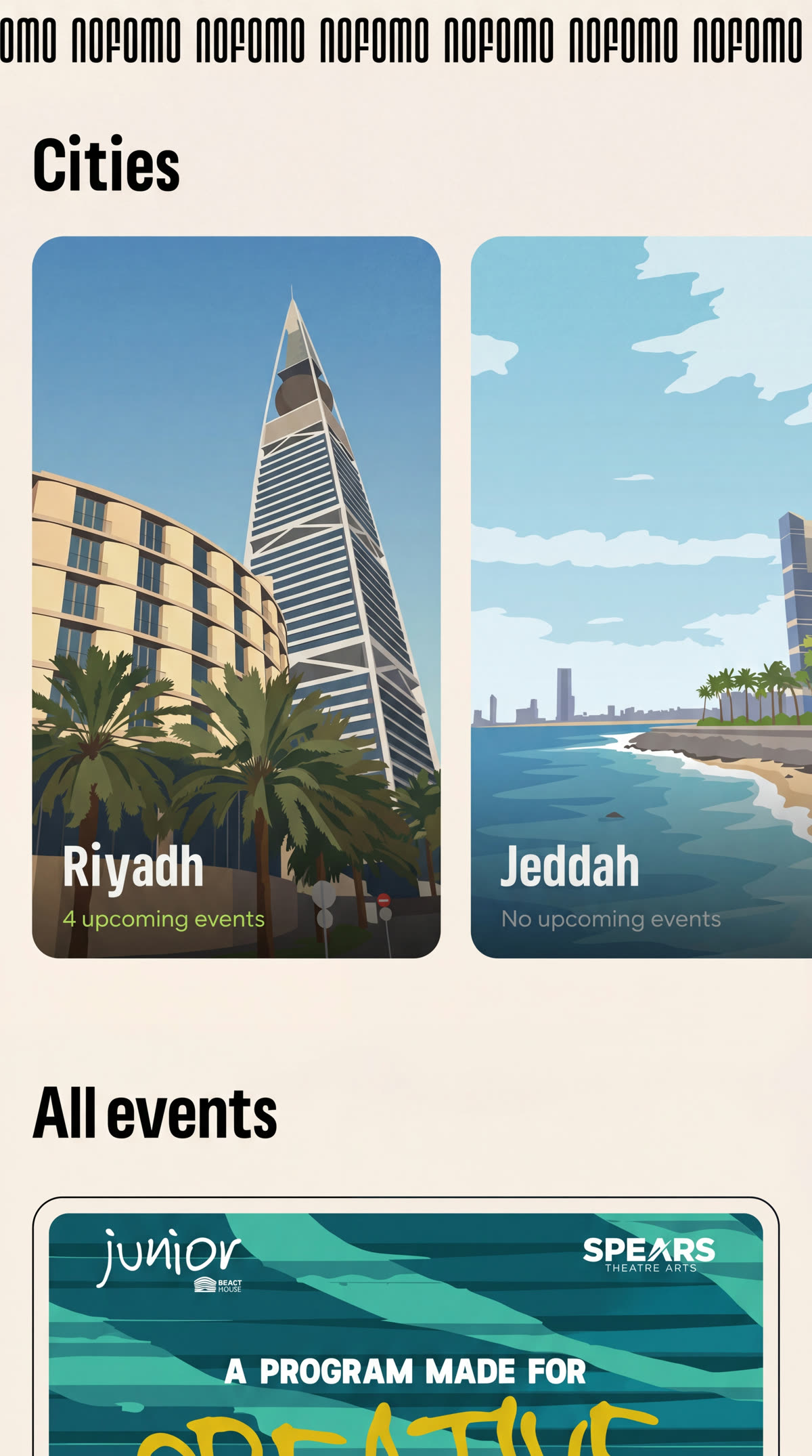 Скриншот приложения Nofomo — раздел Cities с Riyadh и Jeddah
